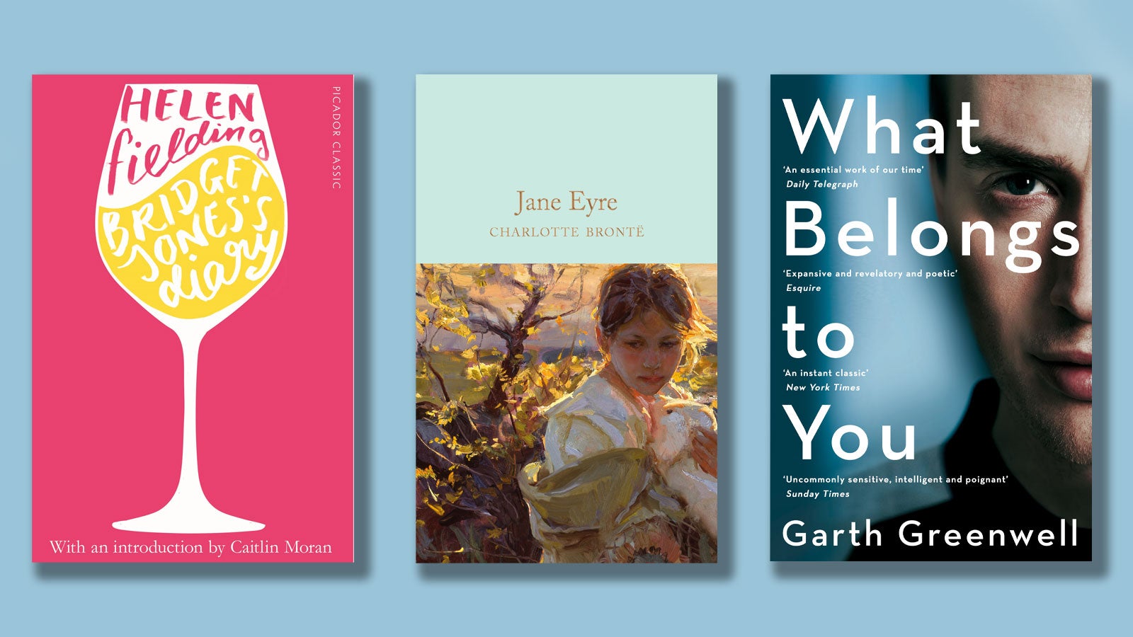 Bridget Jones's Diary, Jane Eyre and What Belongs to You book covers