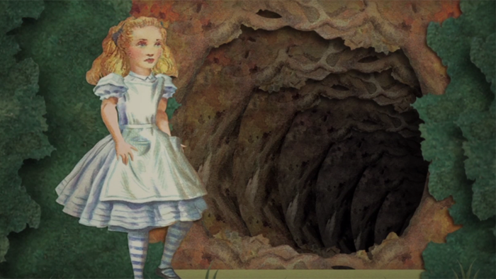 Illustrated picture of Alice looking down a large rabbit hole