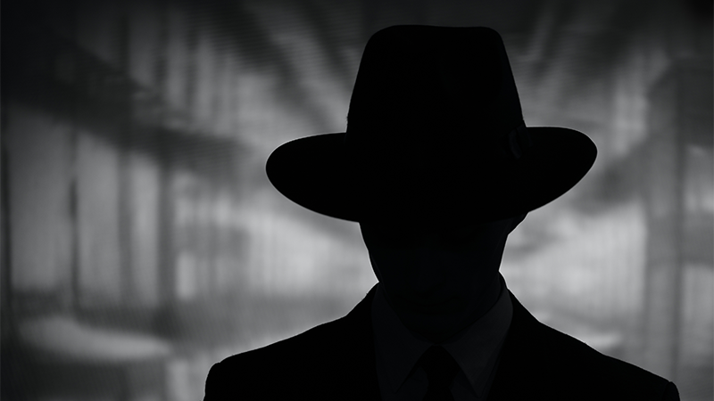A  silhouette of a detective in a black and white noir setting.