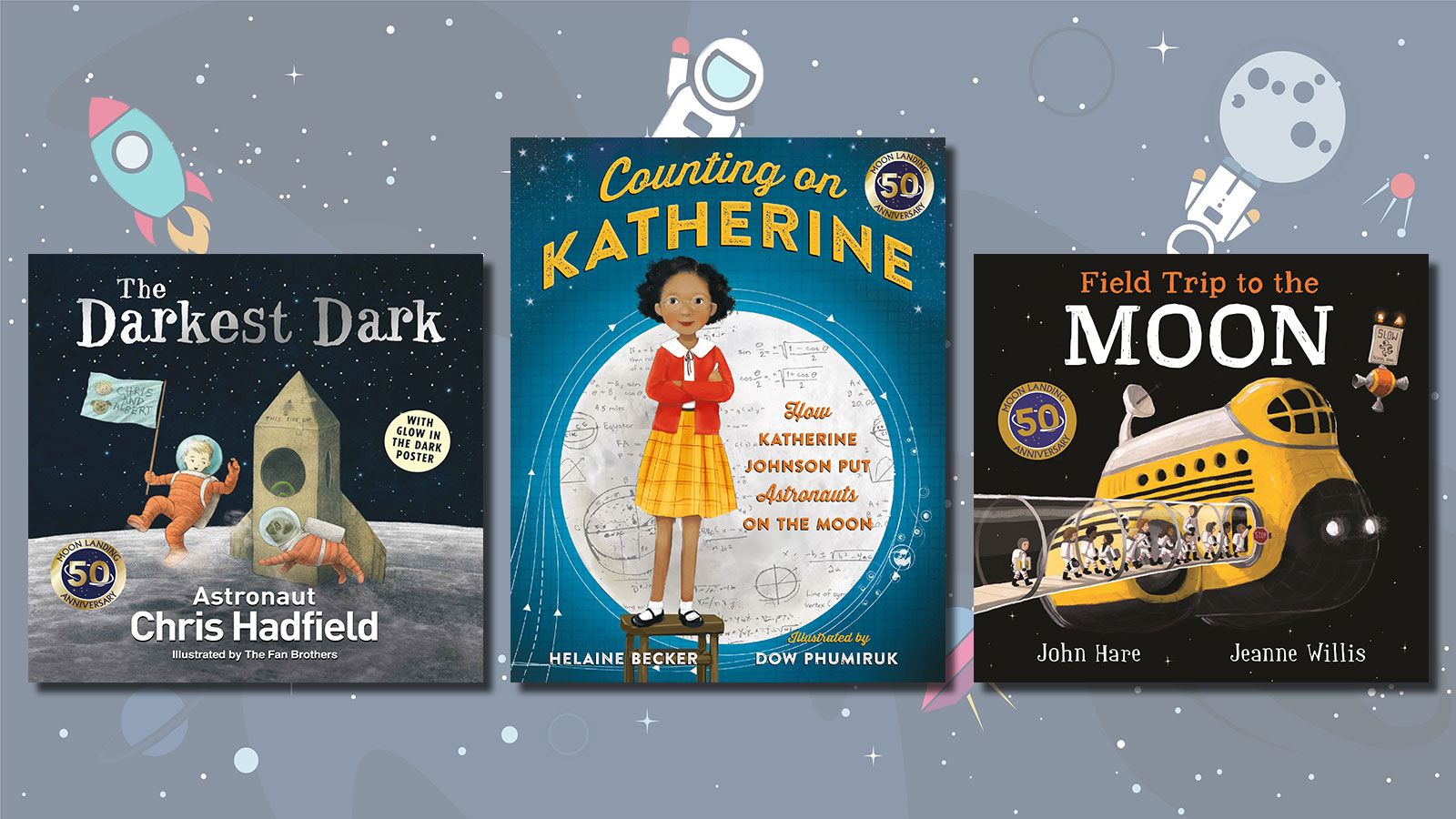 Book covers of The Darkest Dark, Counting on Catherine and Field Trip to the Moon on a cartoon background of space