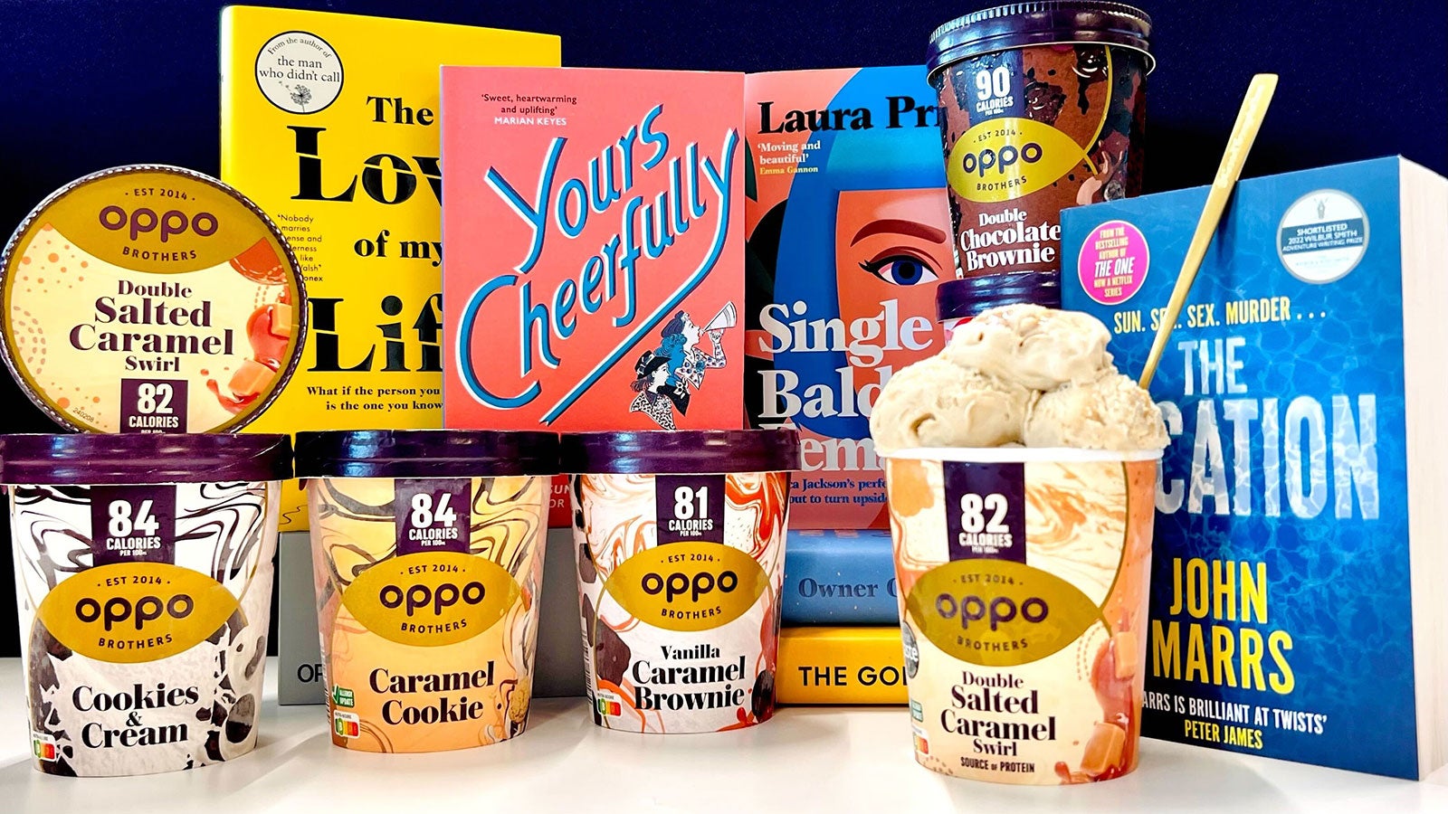 Six tubs of Oppo ice cream posed with six Pan Macmillan reads.