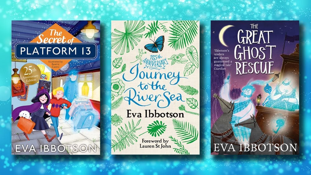 The Secret of Platform 13, Journey to the Sea and The Great Ghost Rescue book covers against a sparkly blue background