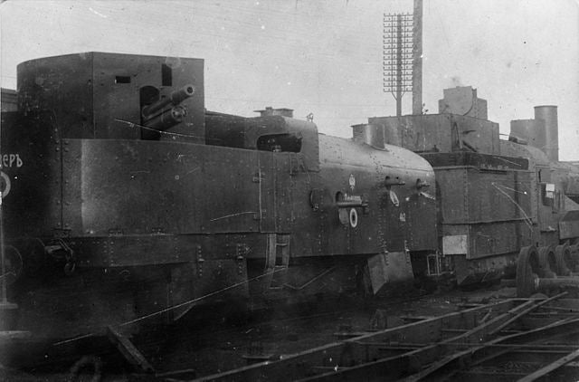 Armoured train "Officer" of the White Army during the Civil War in Russia.