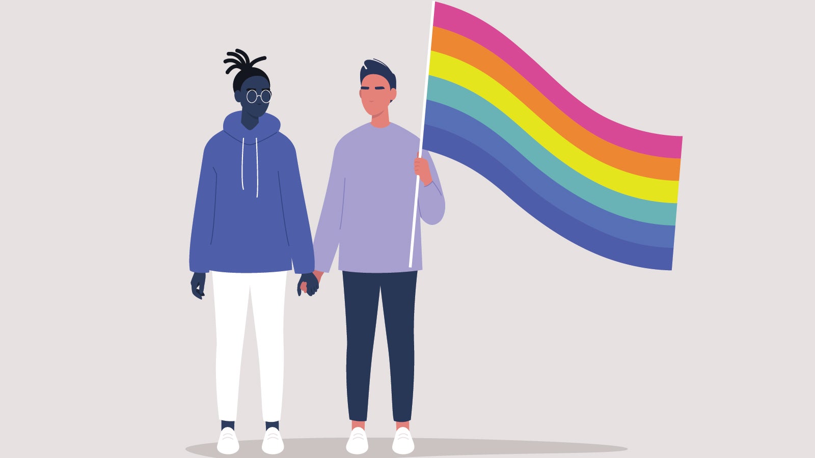 Illustration of a young homosexual couple holding hands and holding a rainbow flag