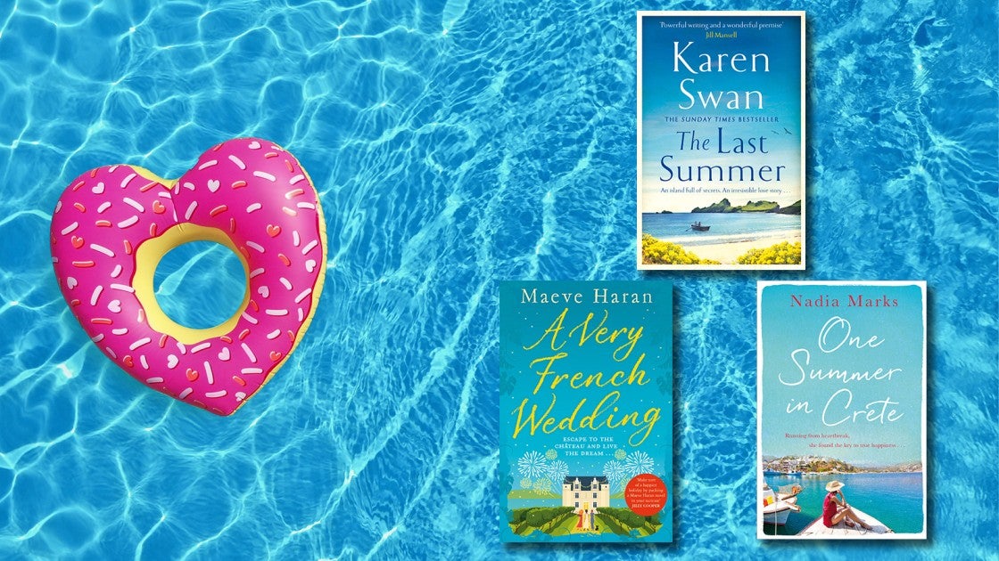 A birds-eye shot of a swimming pool with a pink heart shaped float. Three books are superimposed on top of the image. 