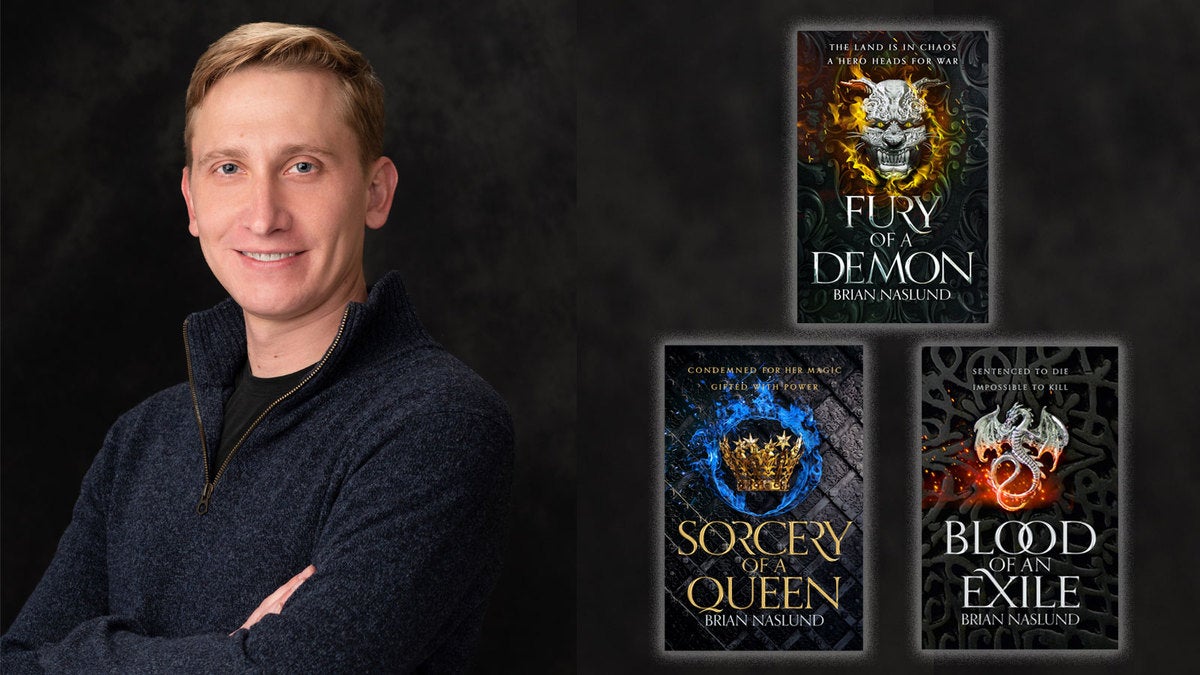 Headshot of Brian Nasuld smiling, and next to him the book covers for his three fantasy novels