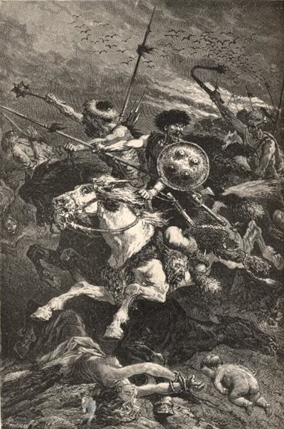 Illustration of Huns at the Battle of Chalons riding over the figures of women and children