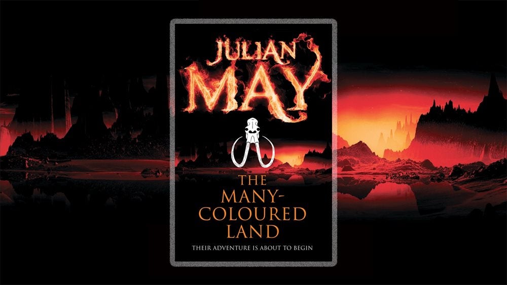 Julian May's The Many-Coloured Land set against a backdrop of a dark alien world.