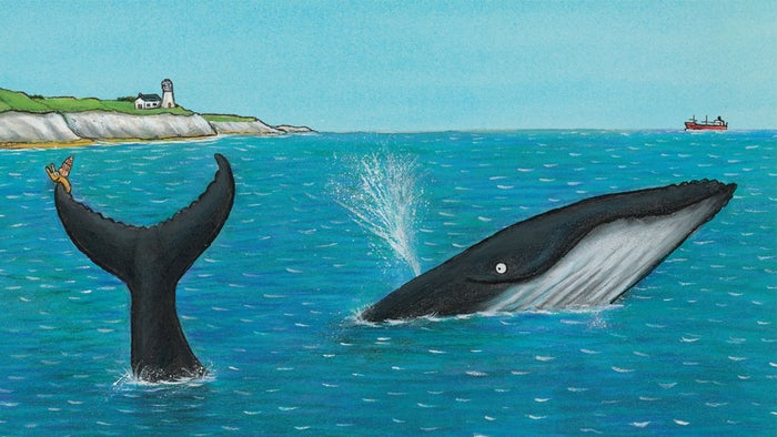 Illustration of a whale with its head and tail above the sea, and a snail perched on his tail