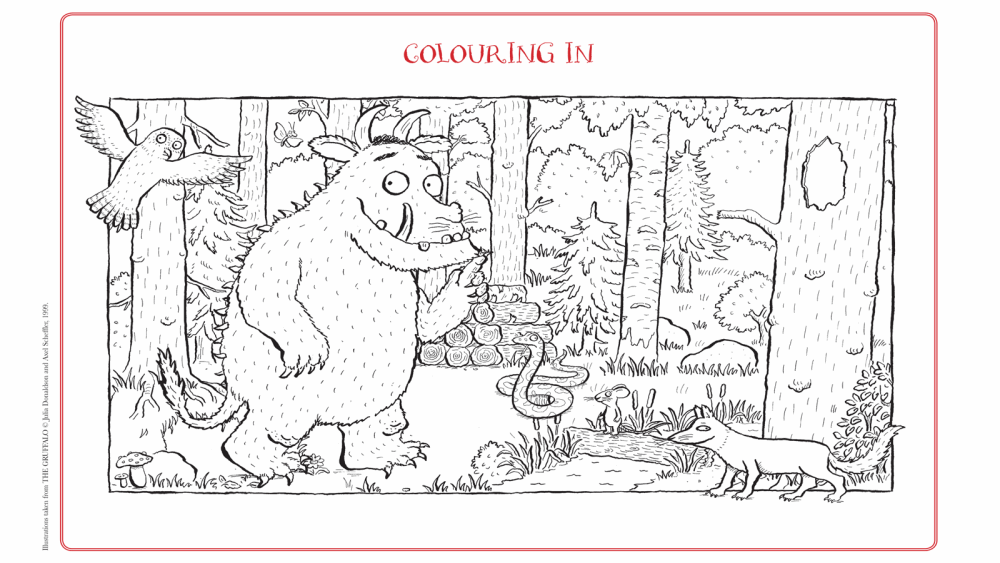A woodland scene to colour in, featuring the Gruffalo, snake, fox, mouse and owl