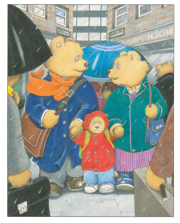 An illustration from Jill Murphy's Just One of Those Days showing a father bear a mother bear and a baby bear standing in the rain