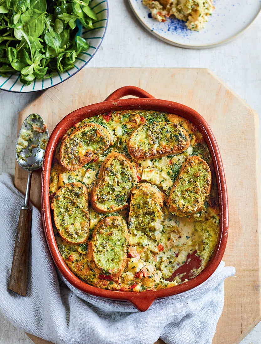 Pesto and goat's cheese bread pudding
