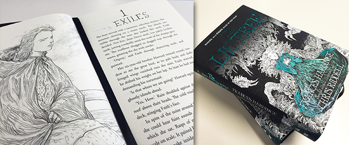 The Lie Tree opened to chapter 1 'Exiles' with a character illustration, next to copies of the paperback.