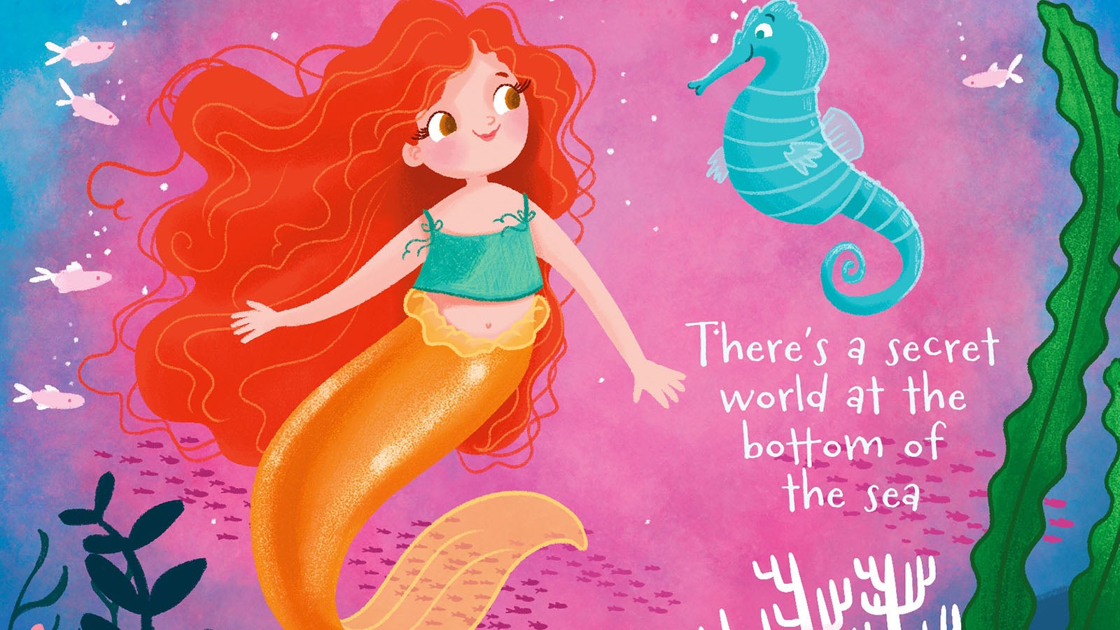 Illustrated red-haired mermaid with a blue seahorse