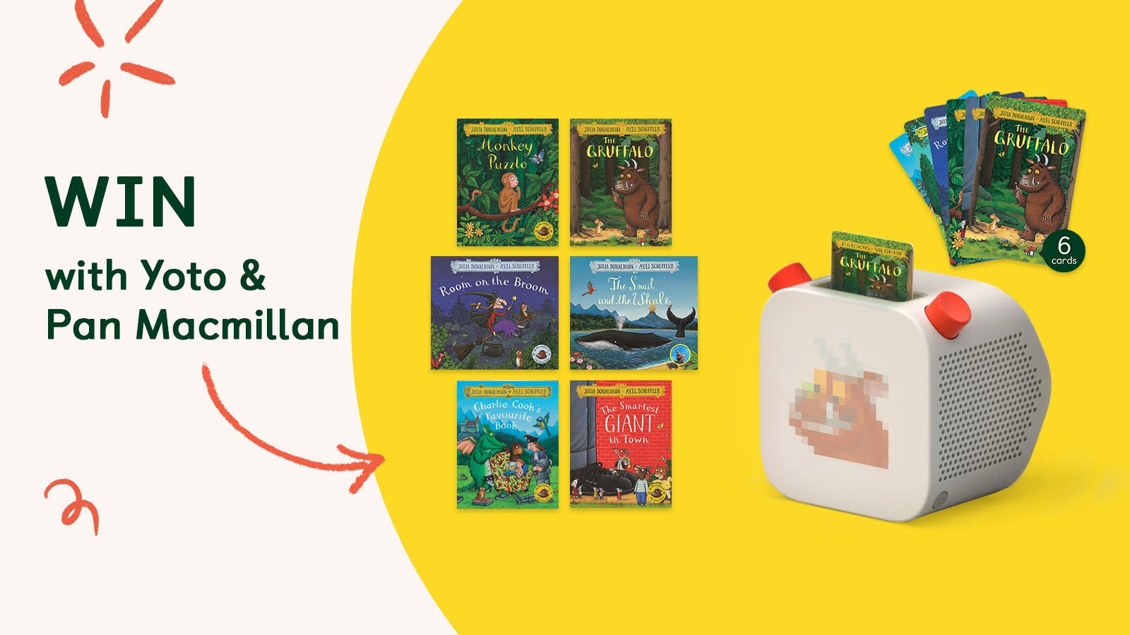 An illustrated banner showing a Yoto Player, Yoto cards and six books by Julia Donaldson and Axel Scheffler.