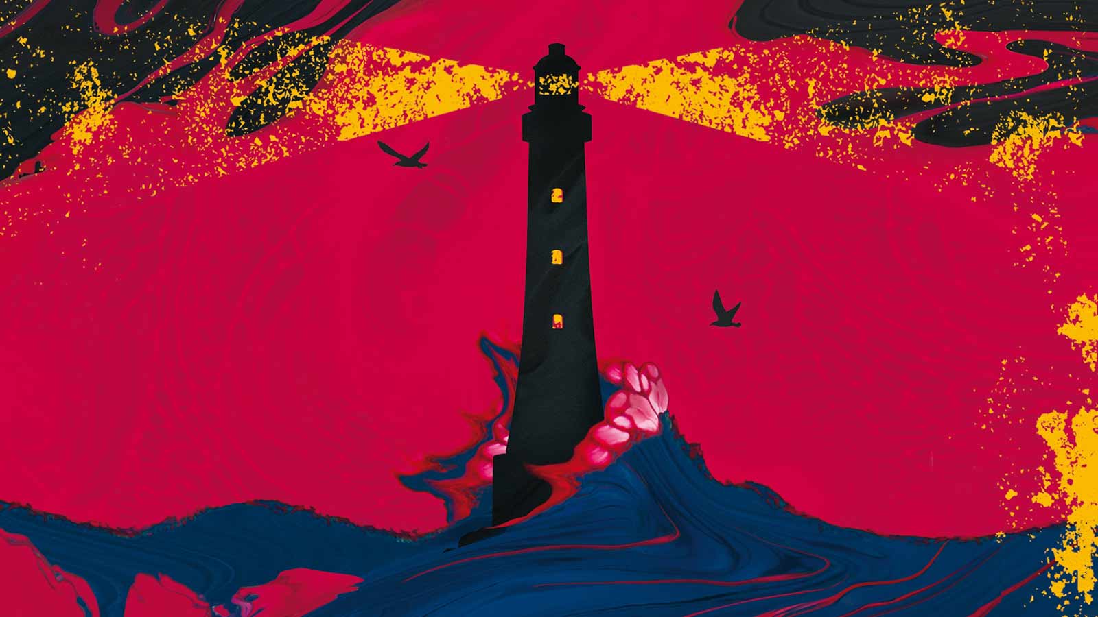 Section of The Lamplighters book cover showing an illustration of a lighthouse