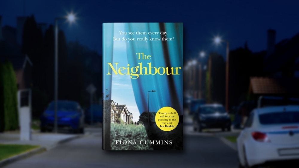 Book cover of the Neighbour set against a blurred background of a residential street at night