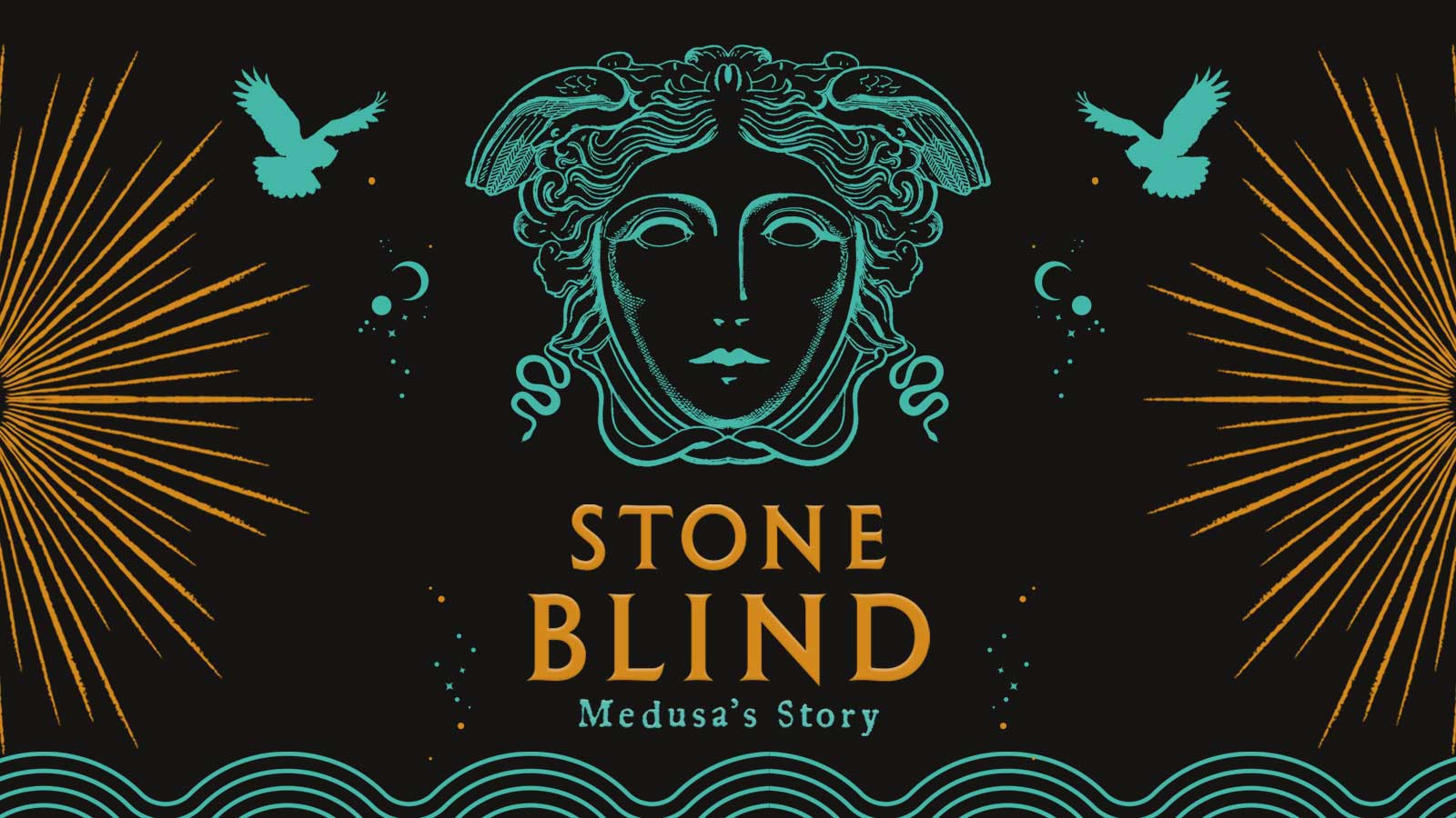 A drawing of Medusa's face sits against a black background above the words: Stone Blind, Medusa's Story
