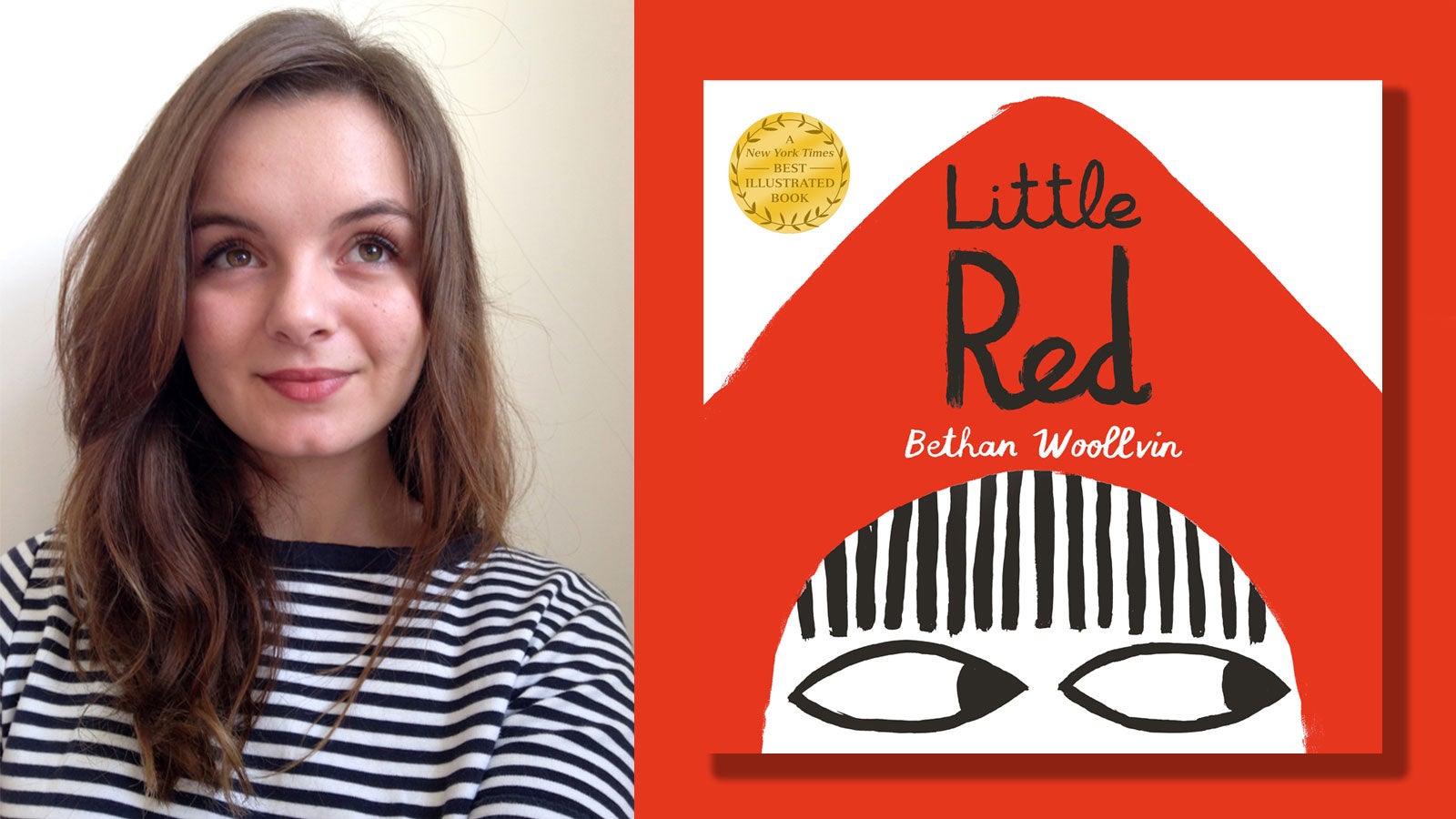 A photograph of Bthan Woollvin next to the cover of her book Little Red