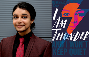 Muhammad Khan wearing a purple suit and bright pink tie next to his book I am thunder