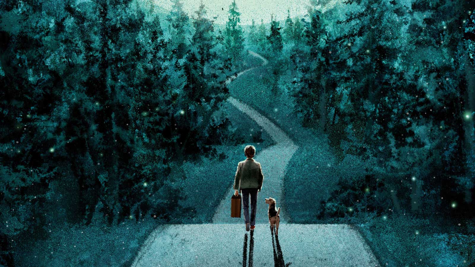 Illustration of a young boy and dog on a road under a starry sky
