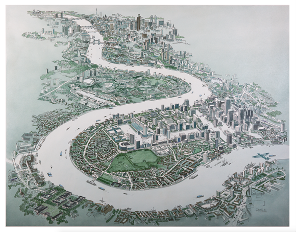 Canary Wharf, Greenwich, River Thames London aerial drawing