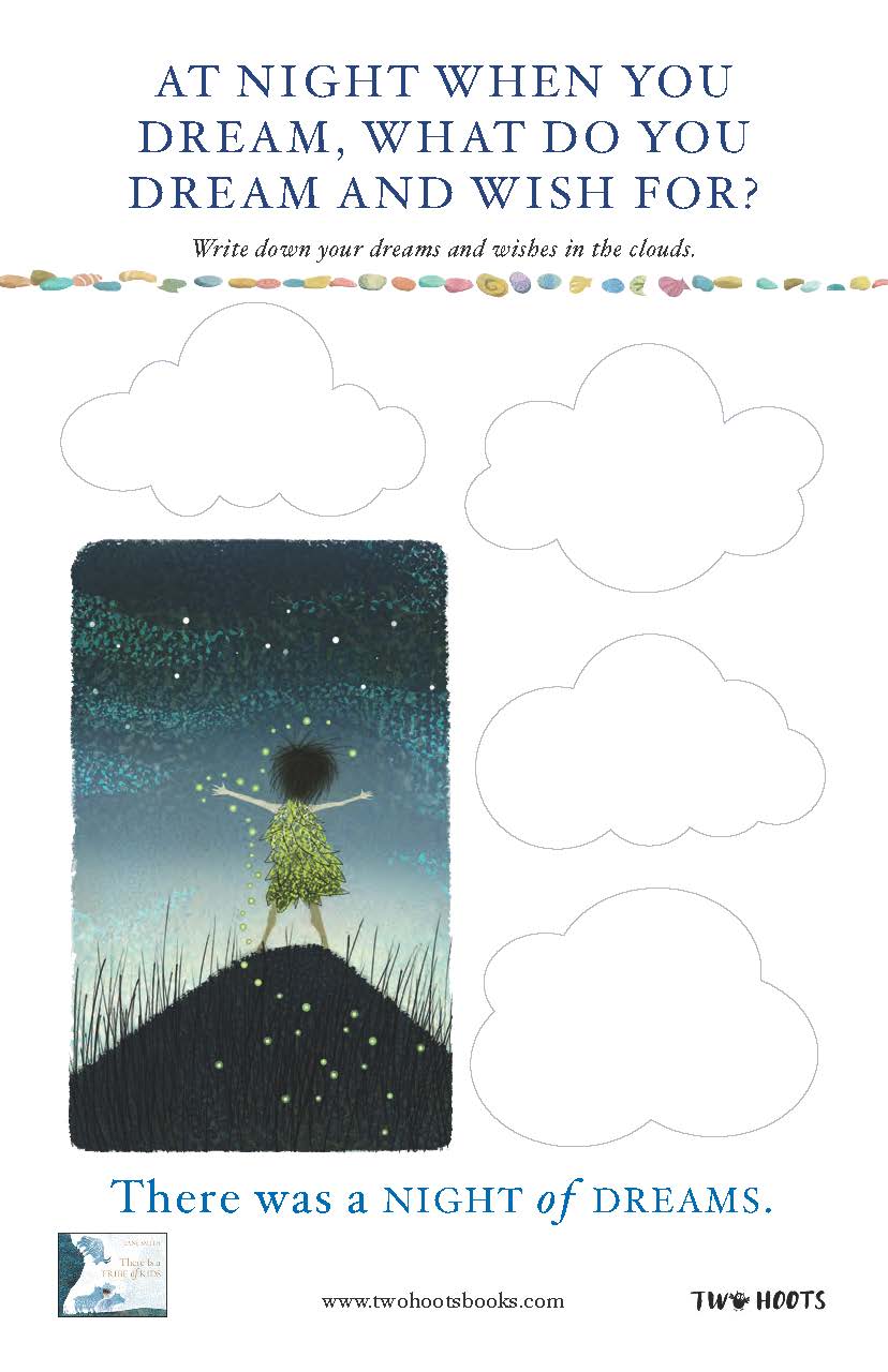 An illustration of a child with their arms up to the night sky, surrounded by four empty clouds for children to write in and the prompt 'At night when you dream, what do you dream and wish for?'