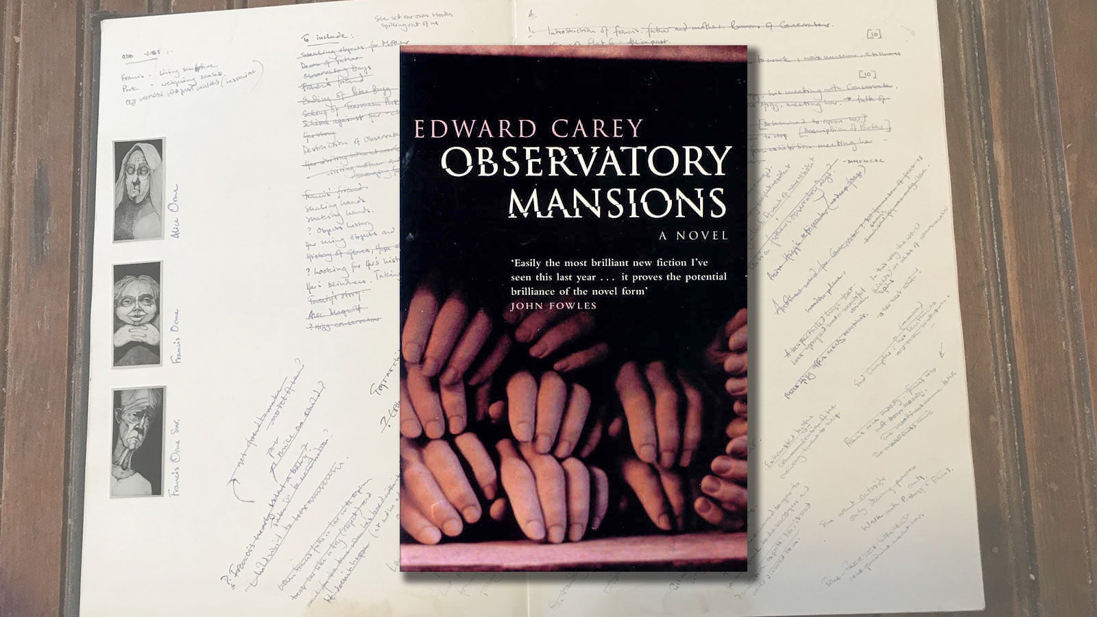 The book cover of Observatory Mansions against a background of Edward Carey's notes on the novel