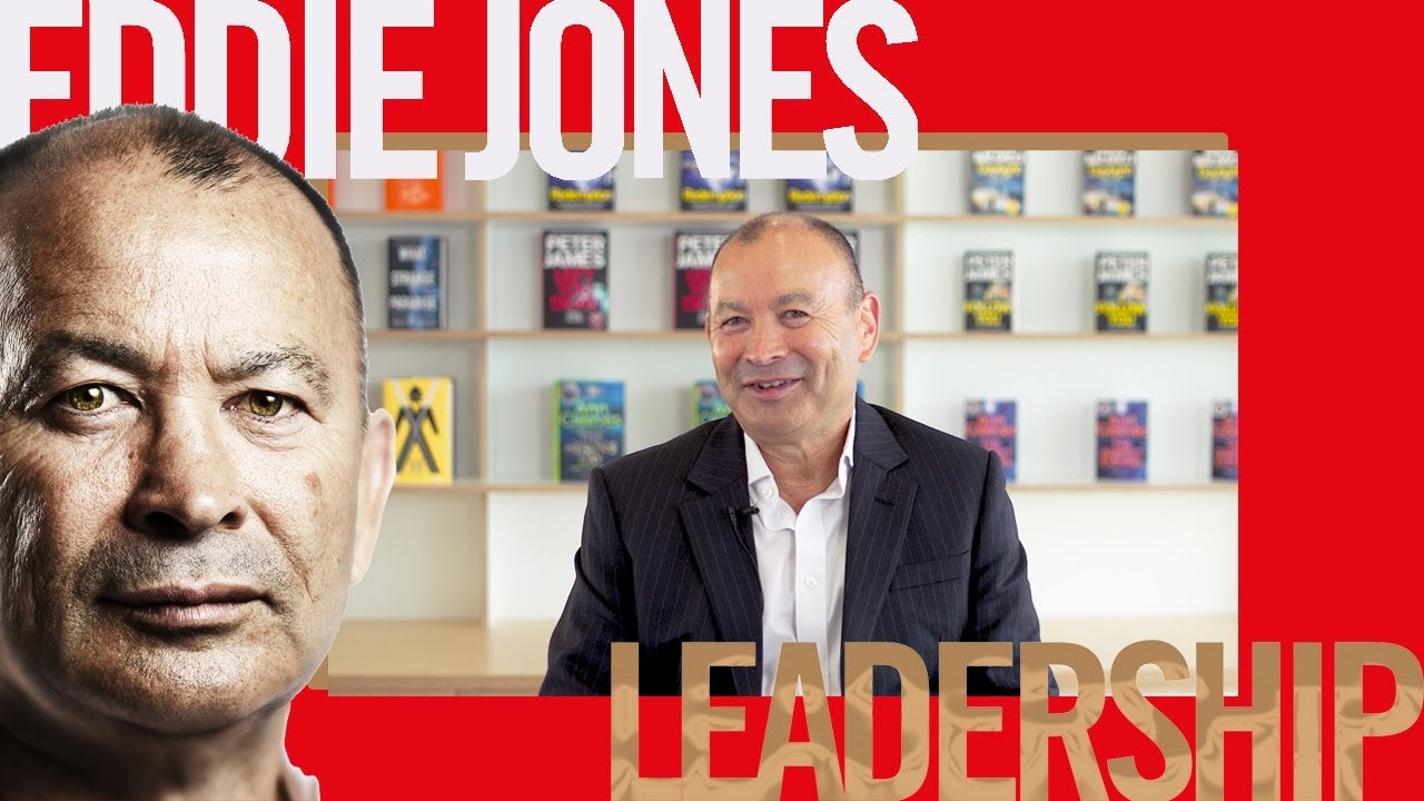 A picture of Eddie Jones with the words 'Eddie Jones' and 'Leadership'