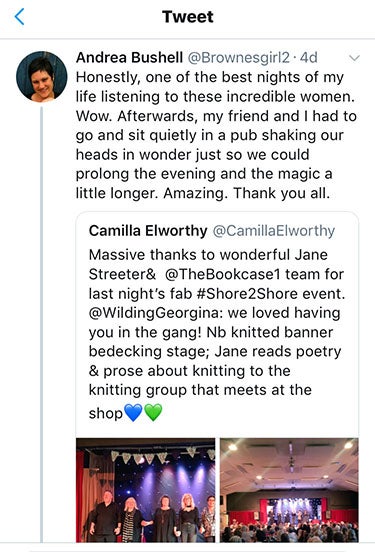 Tweet from Andrea Bushell saying 'Honestly, one of the best nights of my life listening to these incredible women. Wow.'