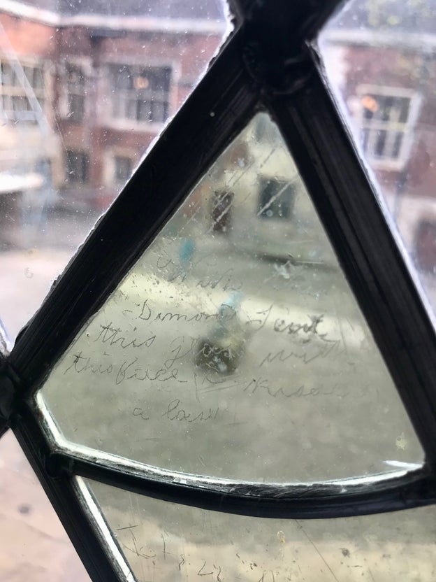 Graffiti in the Huntingdon Room at the Manor School, King’s Manor (now York University’s Centre for Eighteenth-Century Studies) which Emma Donoghue ascribes to Lister in Learned by Heart. ‘With this diamond I cut this glass, with this face I kissed a lass.’ (Photograph: Emma Donoghue)
