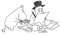 Black and white drawing of Moominpappa working