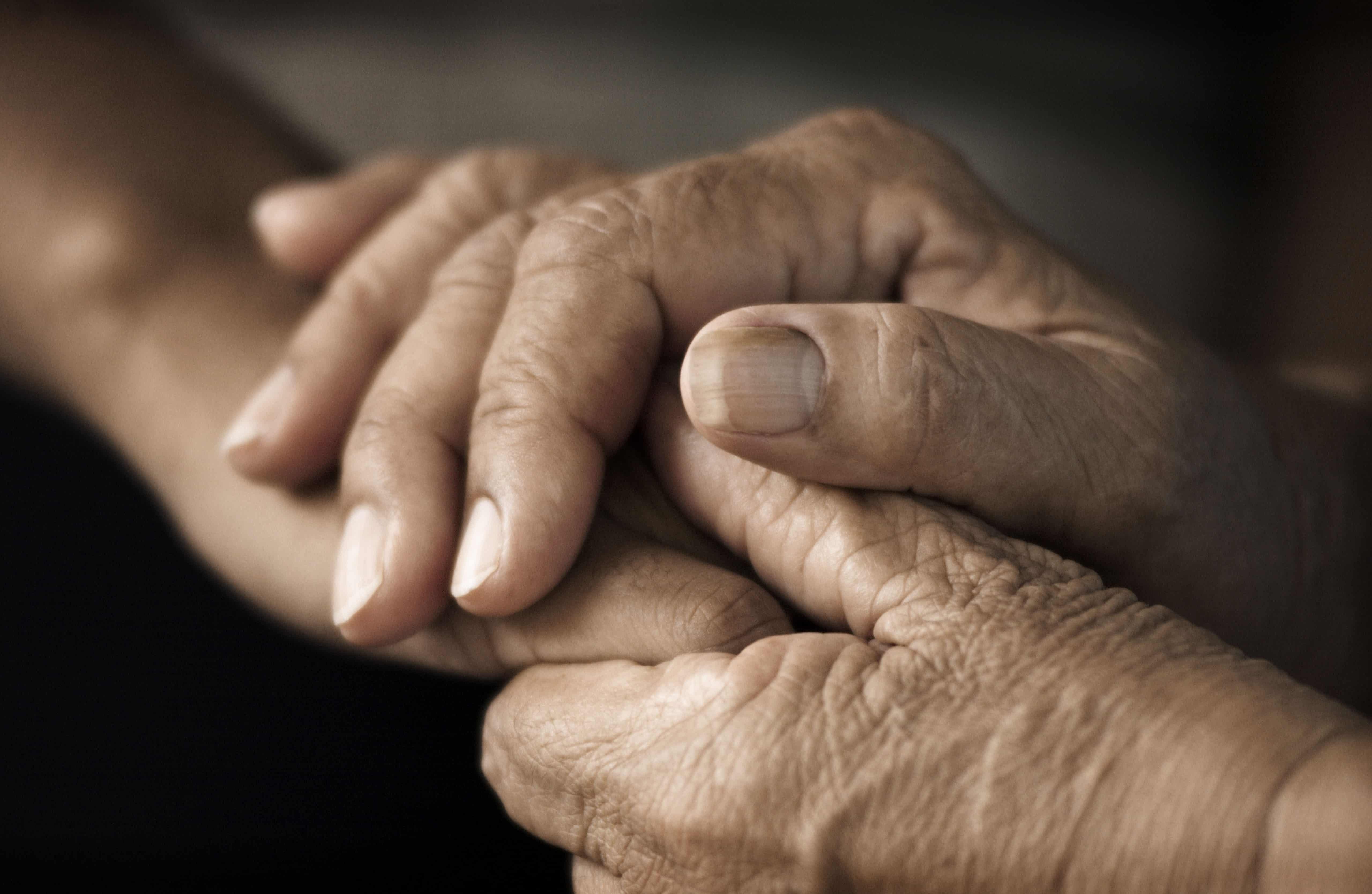 A photo of a paid of old hands, holding a younger person's hand