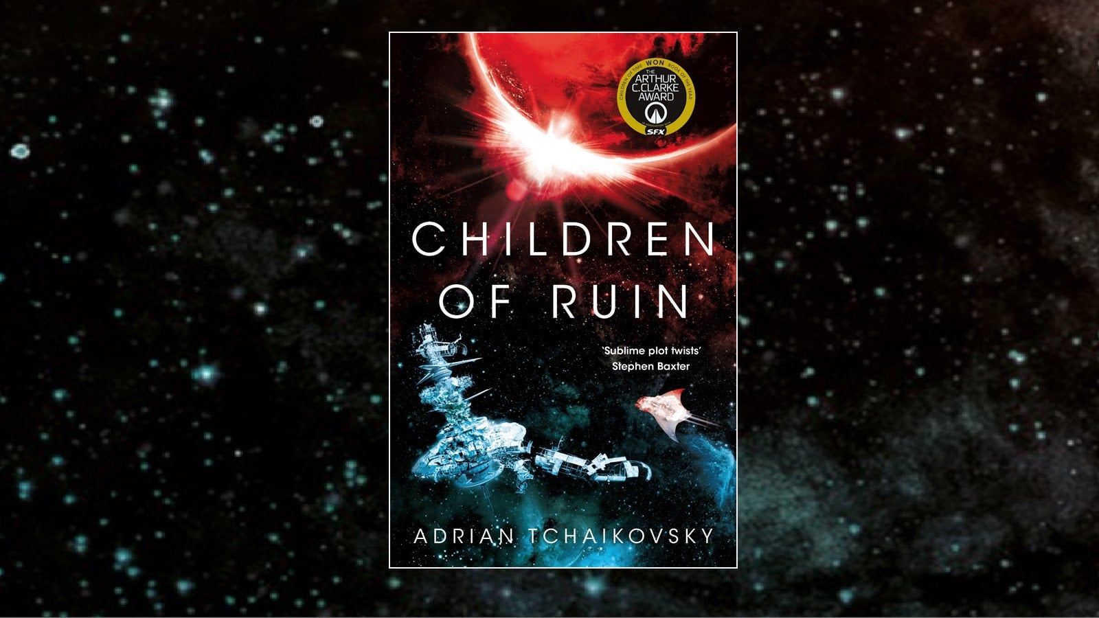 Children of Ruin book jacket against the background of a starry night