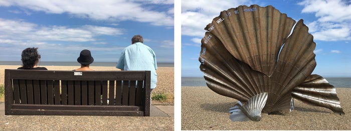 The shell shaped Scallop structure; the poets on a bench observing the view