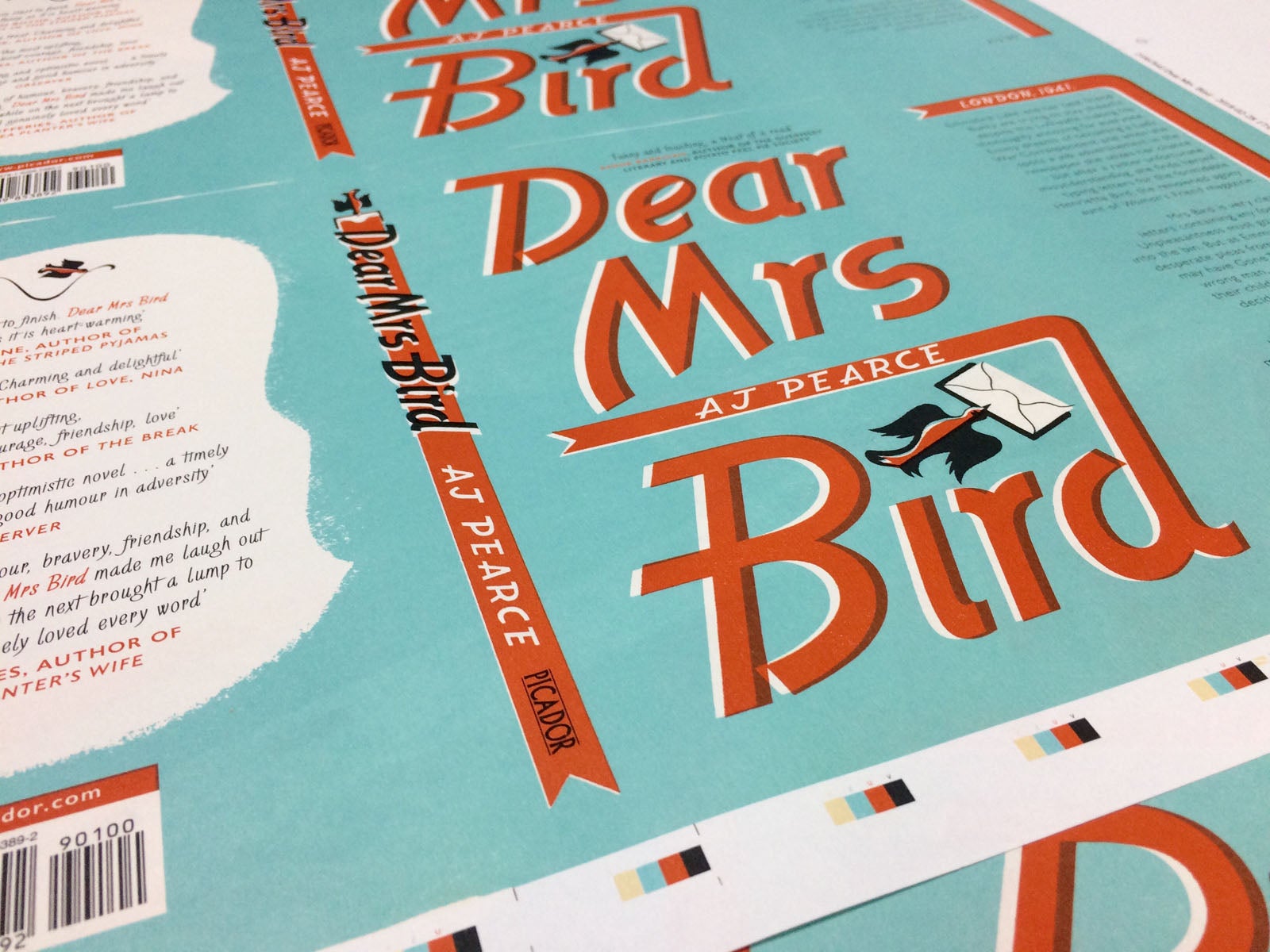 A close-up shot of the finished printed jackets of Dear Mrs Bird. A close-up shot of the finished printed jackets of Dear Mrs Bird.