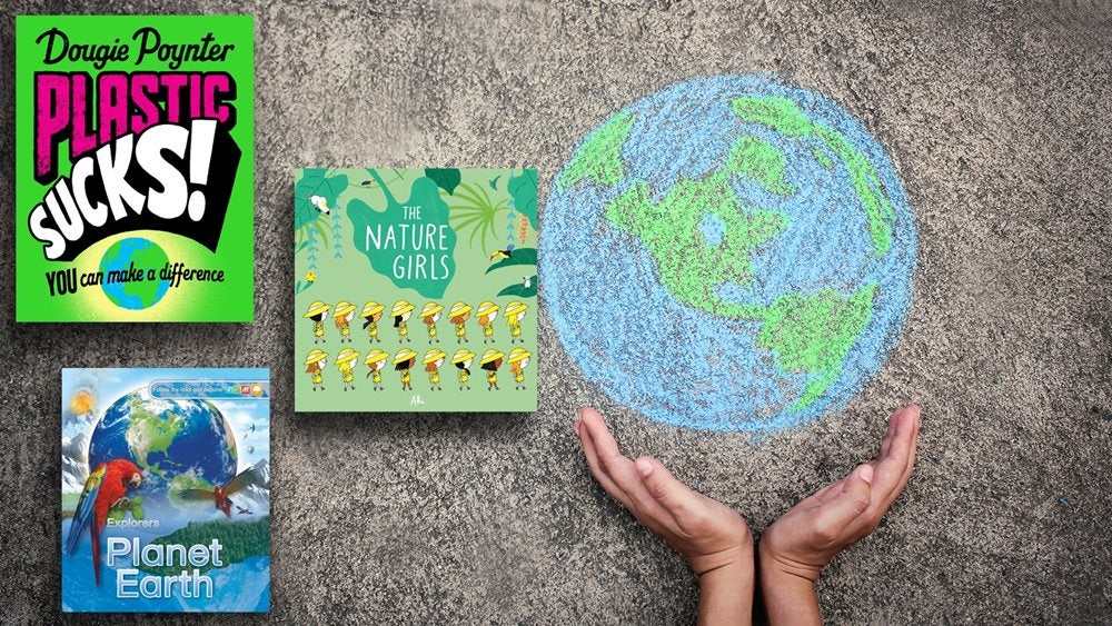 Plastic Sucks, Planet Earth and The Nature Girls book covers against a chalk drawing of the Earth on tarmac