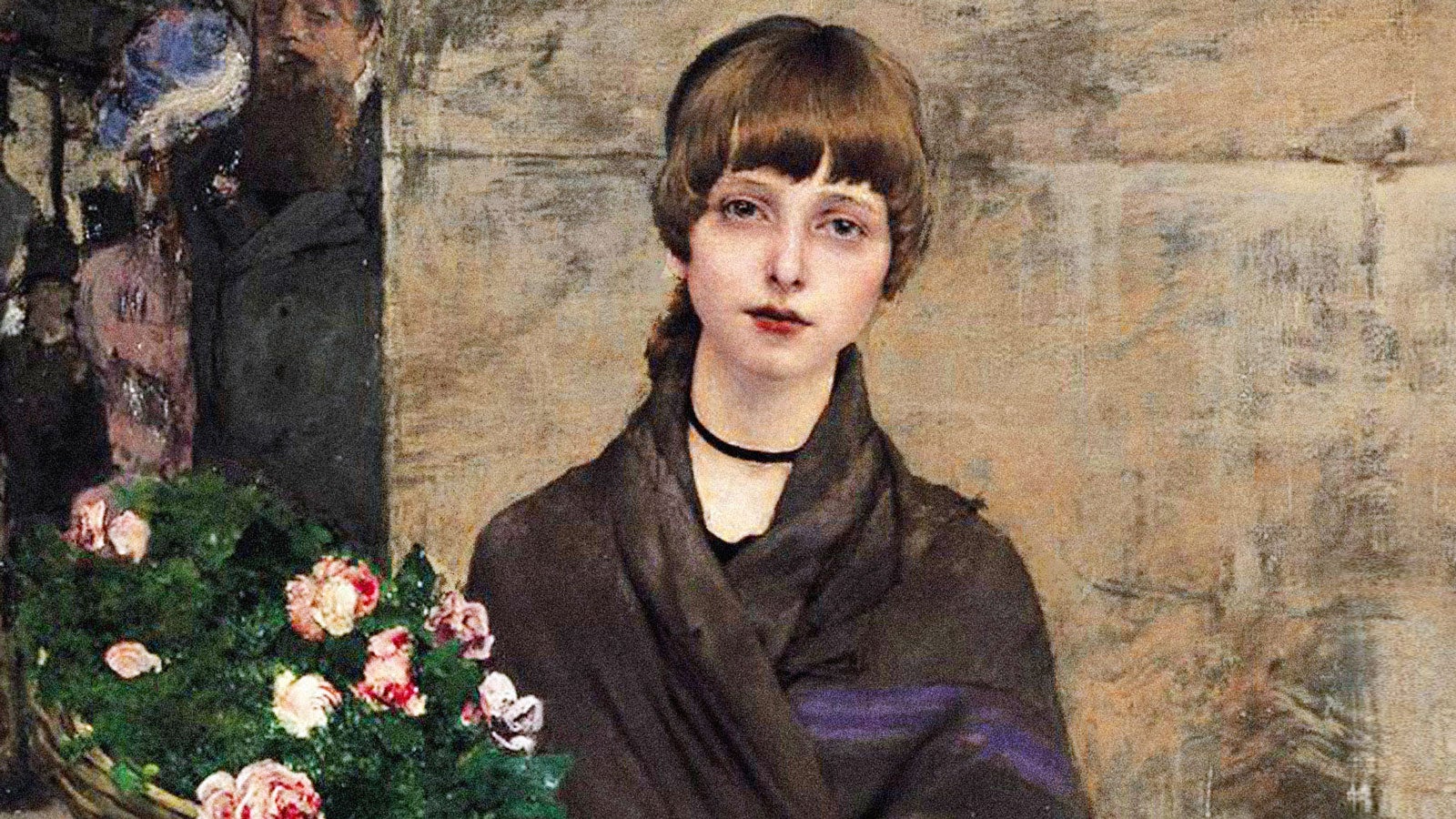 Close up of a painting showing a forlorn-looking flower girl