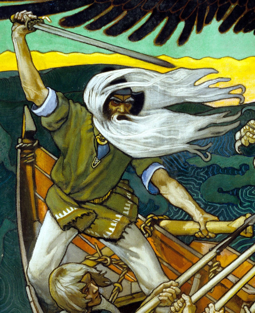Väinämöinen, a man with a white beard and long white hair raising his sword in battle at the helm of a ship Väinämöinen, a man with a white beard and long white hair raising his sword in battle at the helm of a ship