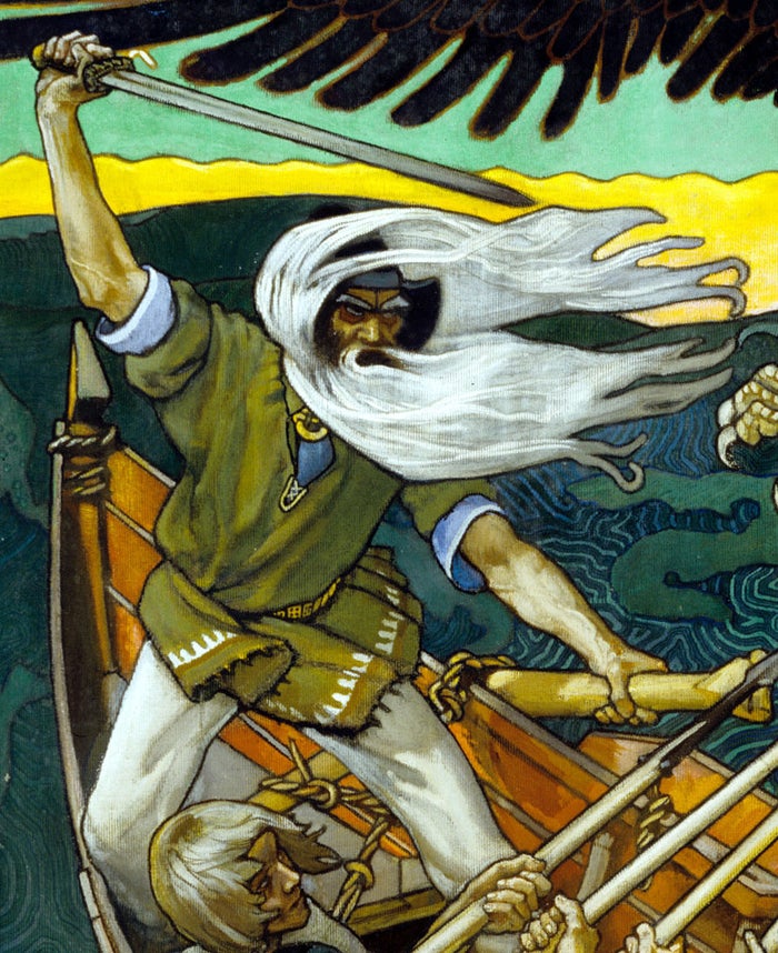 Väinämöinen, a man with a white beard and long white hair raising his sword in battle at the helm of a ship