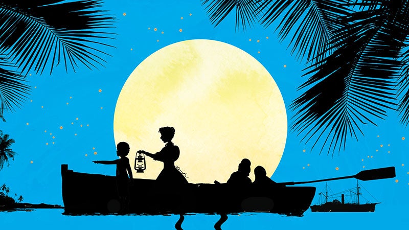 An illustration of a woman leading a boat full of children by moonlight. Taken from the jacket of The Lost Island.