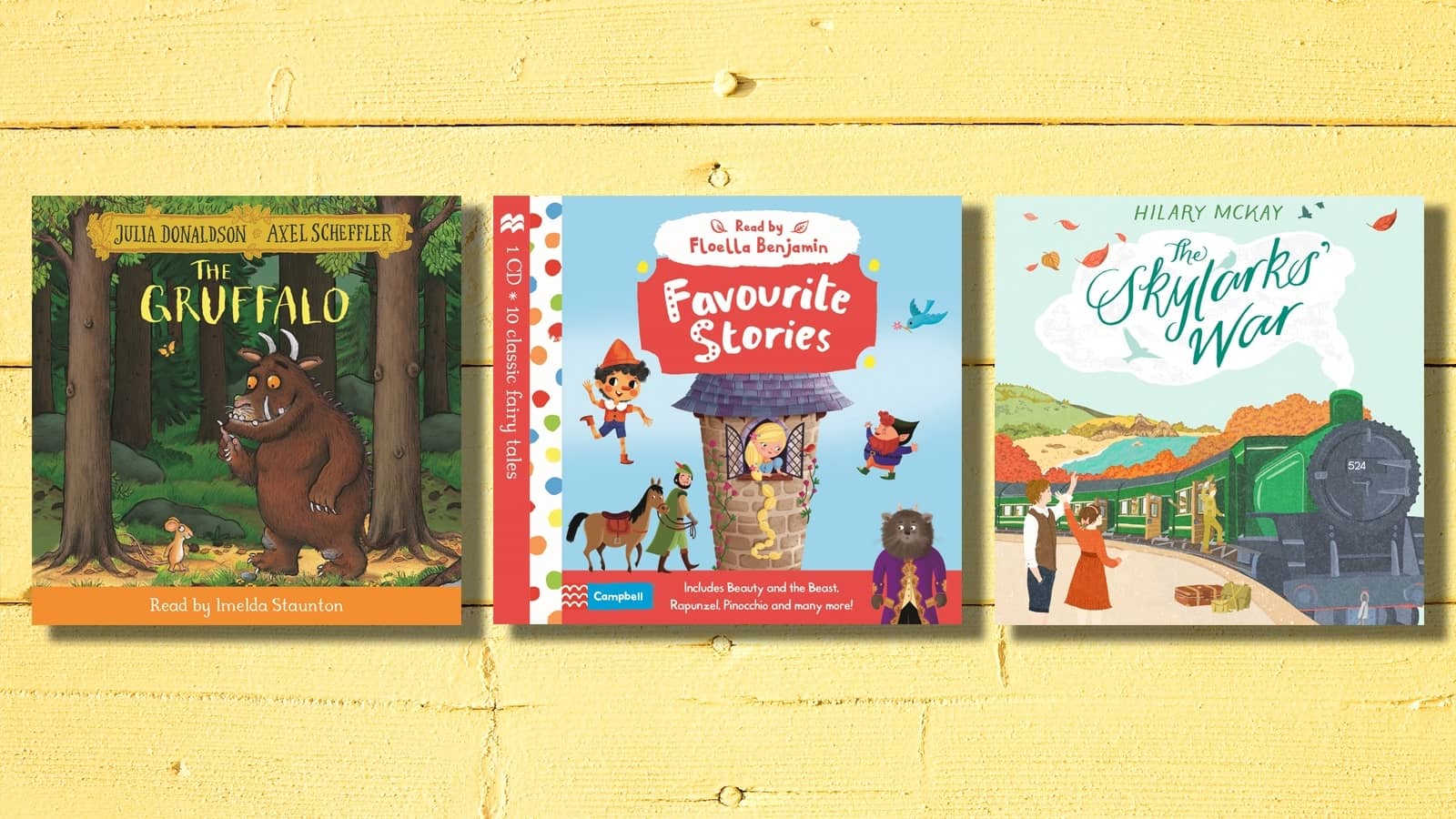 Book covers of The Gruffalo, Favourite Stories and the Skylark's War on a yellow background