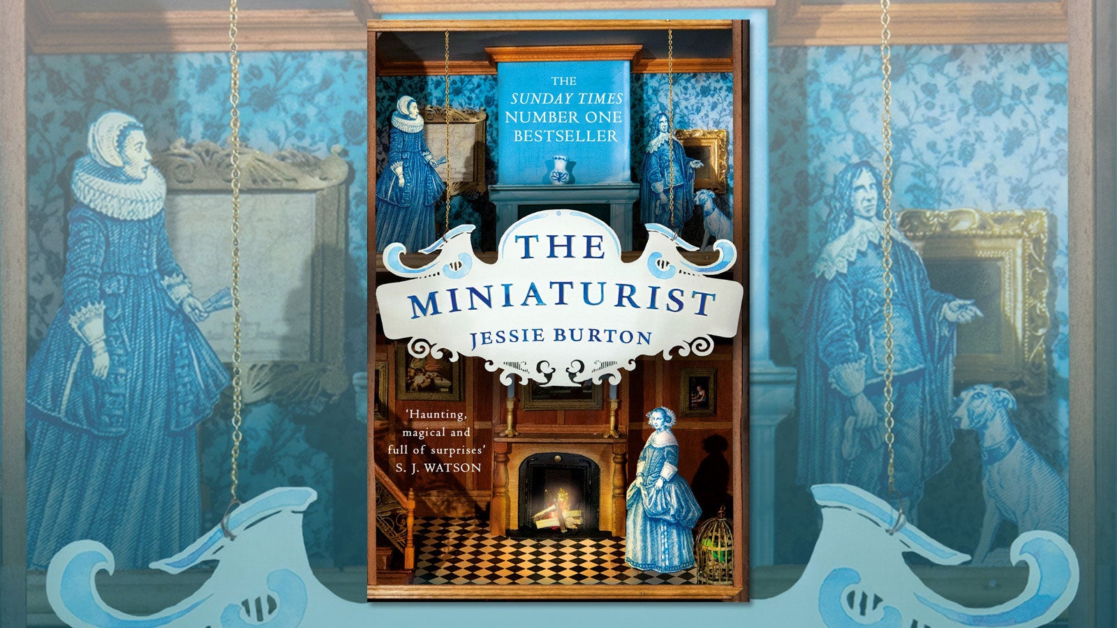 The Miniaturist book cover set against the background of a miniature room