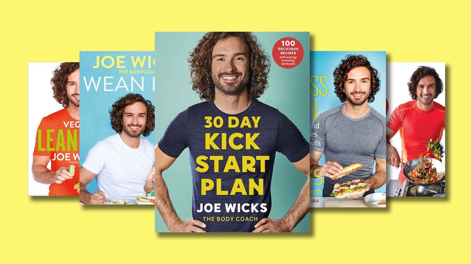 A selection of Joe Wicks's books on a yellow background