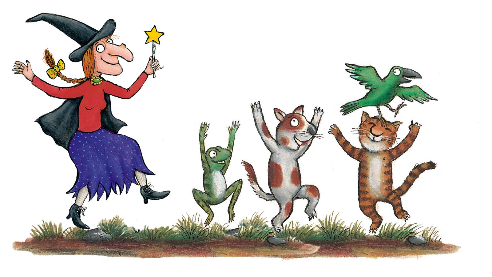 An illustration of the characters from Room on the Broom jumping for joy.