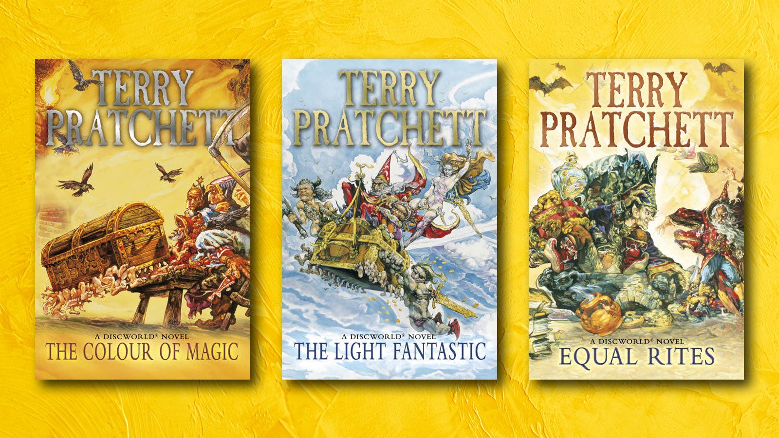 The first three Discworld books on a yellow background.