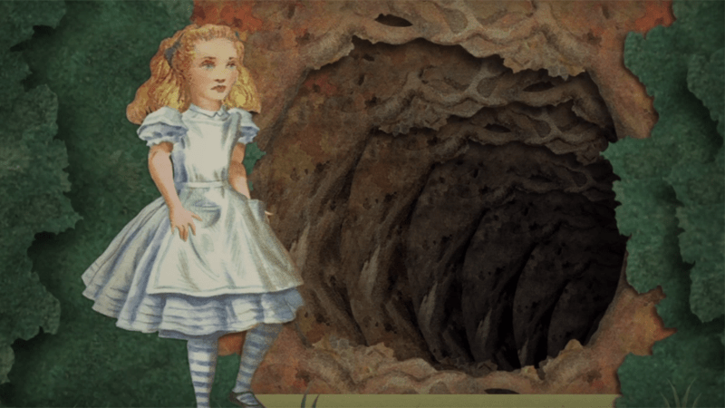 Alice in Wonderland and the rabbit hole illustration