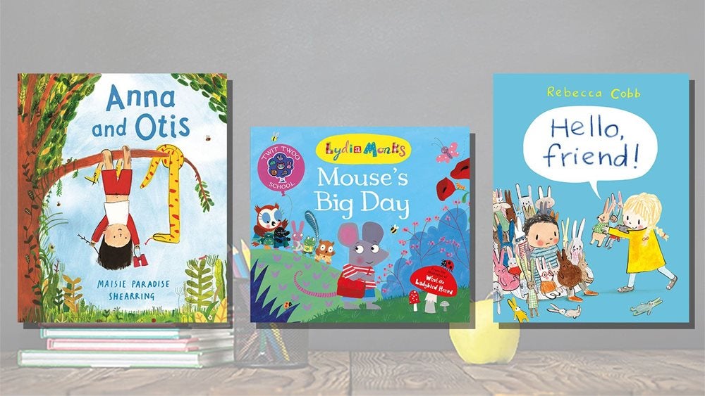 Anna and Otis, Mouse's Big Day and Hello Friend! book covers against an image of a blackboard, pen holder and pile of books