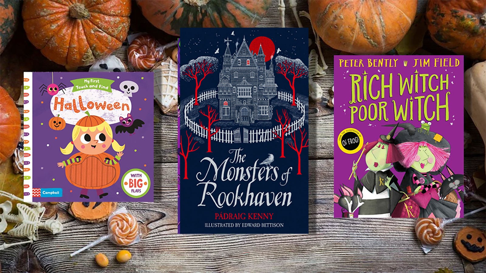 Halloween, The Monsters of Rookhaven and Rich Witch, Poor Witch against a background of pumpkins and sweets