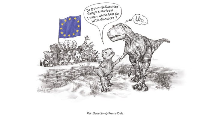 Baby dinosaur asks its parent "do grown-up dinosaurs always know best... I mean, what's best for little dinosaurs?" while other animals unite under EU flag